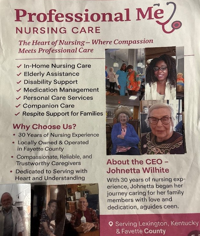 Professional Me Nursing Care — services, team, and CEO overview flyer